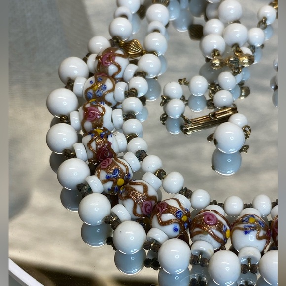 Vintage Rare Antique Venetian Wedding Cake & Milk Glass Beaded Bib Necklace 16” - Picture 10 of 17